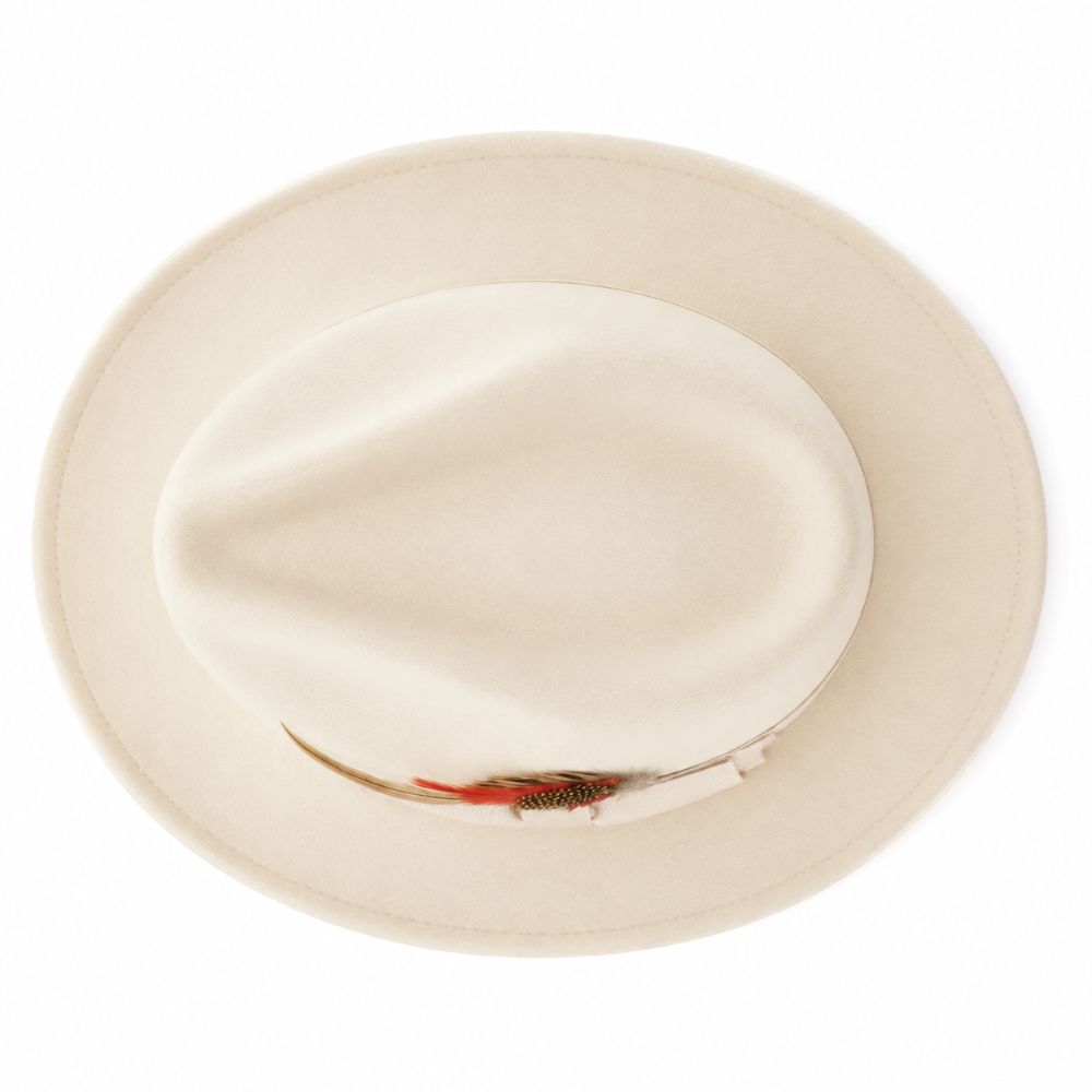 A cream-colored fedora hat with a small decorative feather accent near the base of the crown, photographed from a top-down perspective on a white background.
