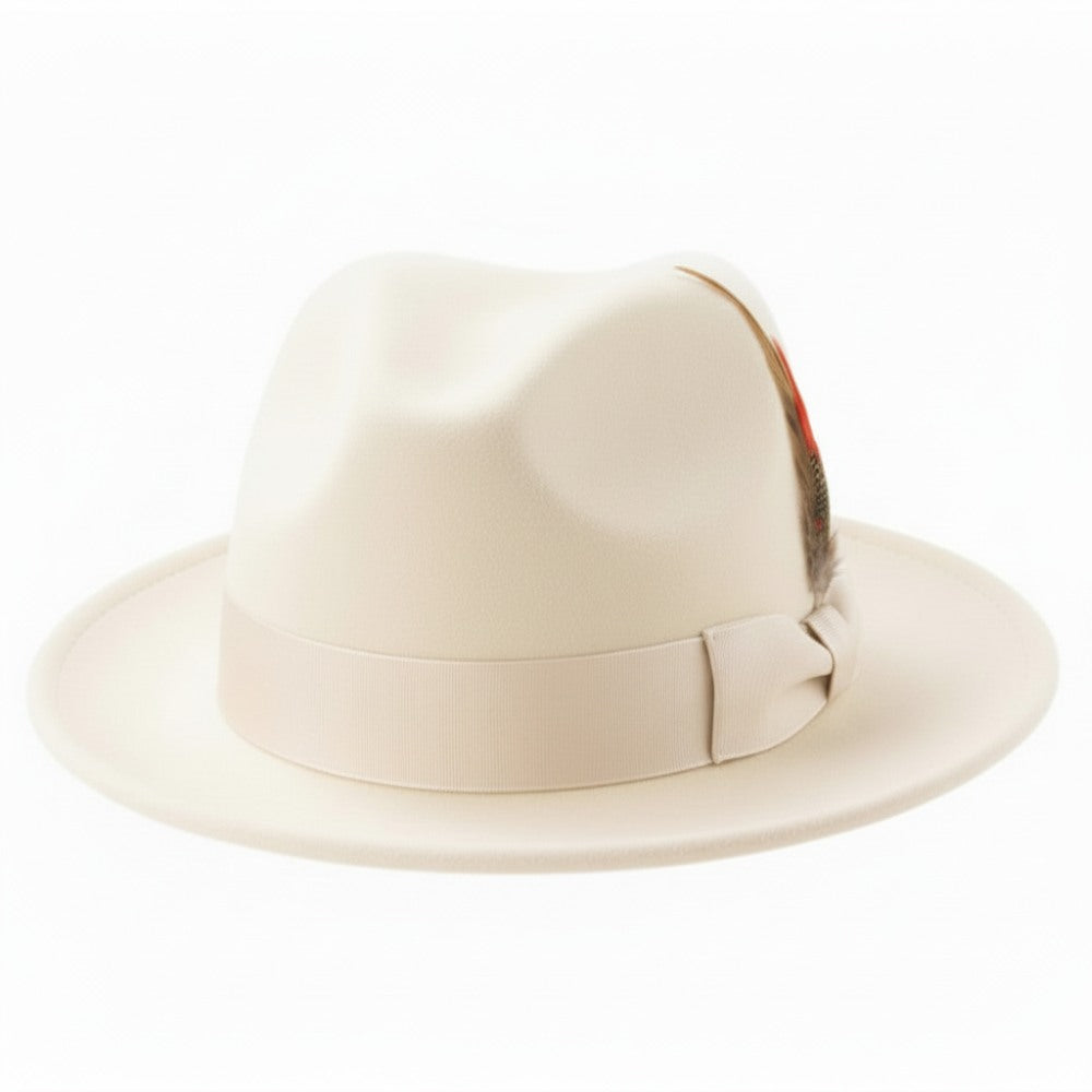 Solid white wool felt crushable fedora from Brooklyn Collection, featuring a feather accent.