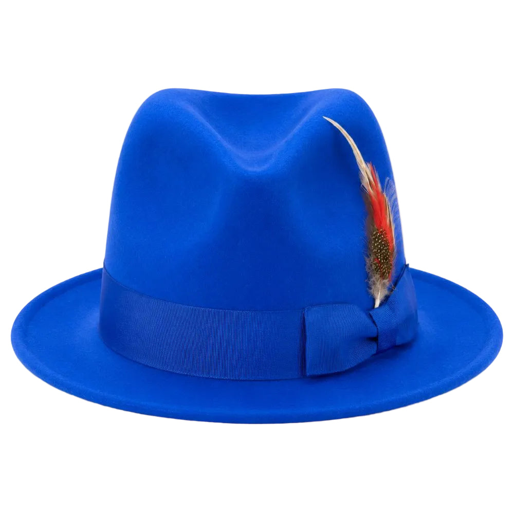 A bright blue fedora hat with a matching blue ribbon band and bow, decorated with a red, white, and brown feather, shown on a plain white background.