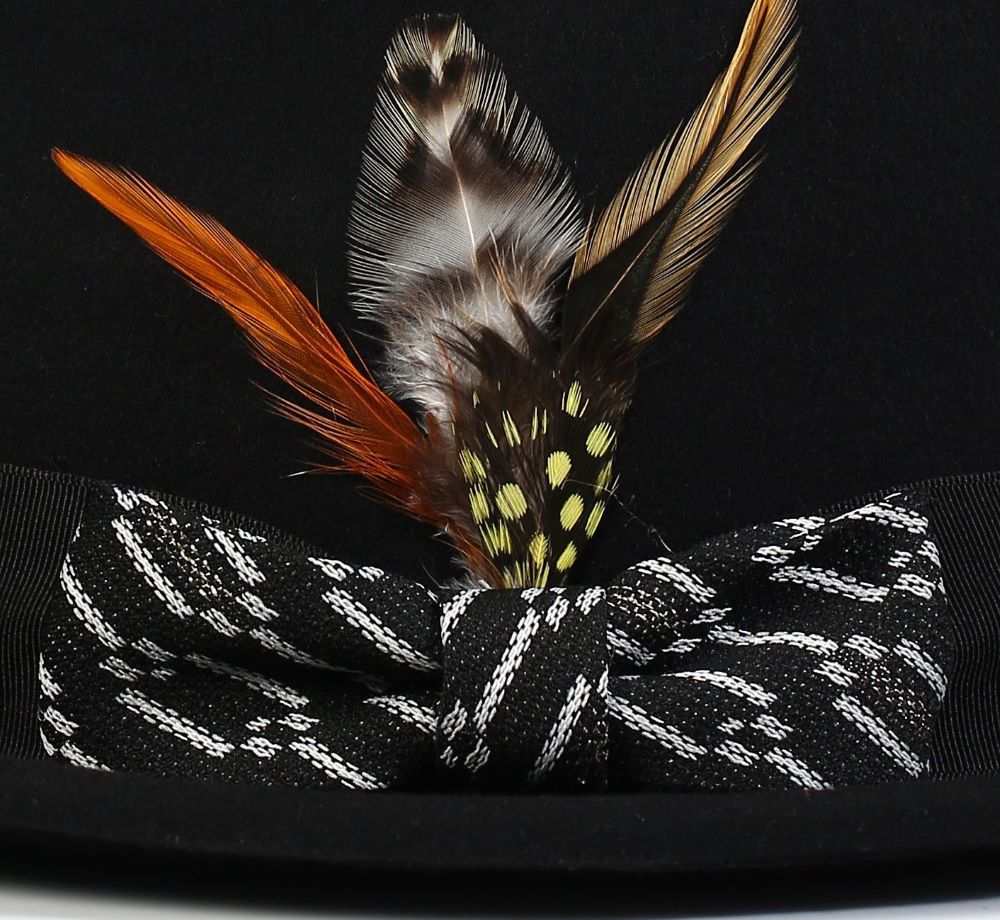 Solid Montique Black Wool Felt Fedora Hat with White Ribbon 2½ Brim.