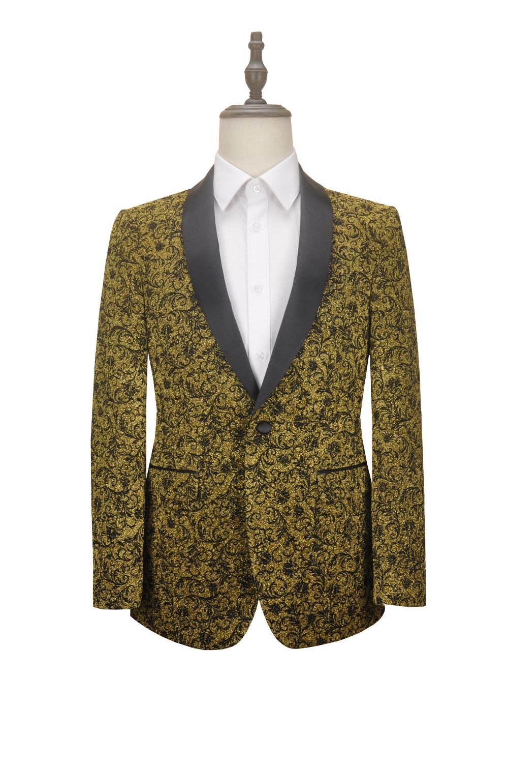 Gold Slim Fit Floral Pattern Jacket Shawl Lapel