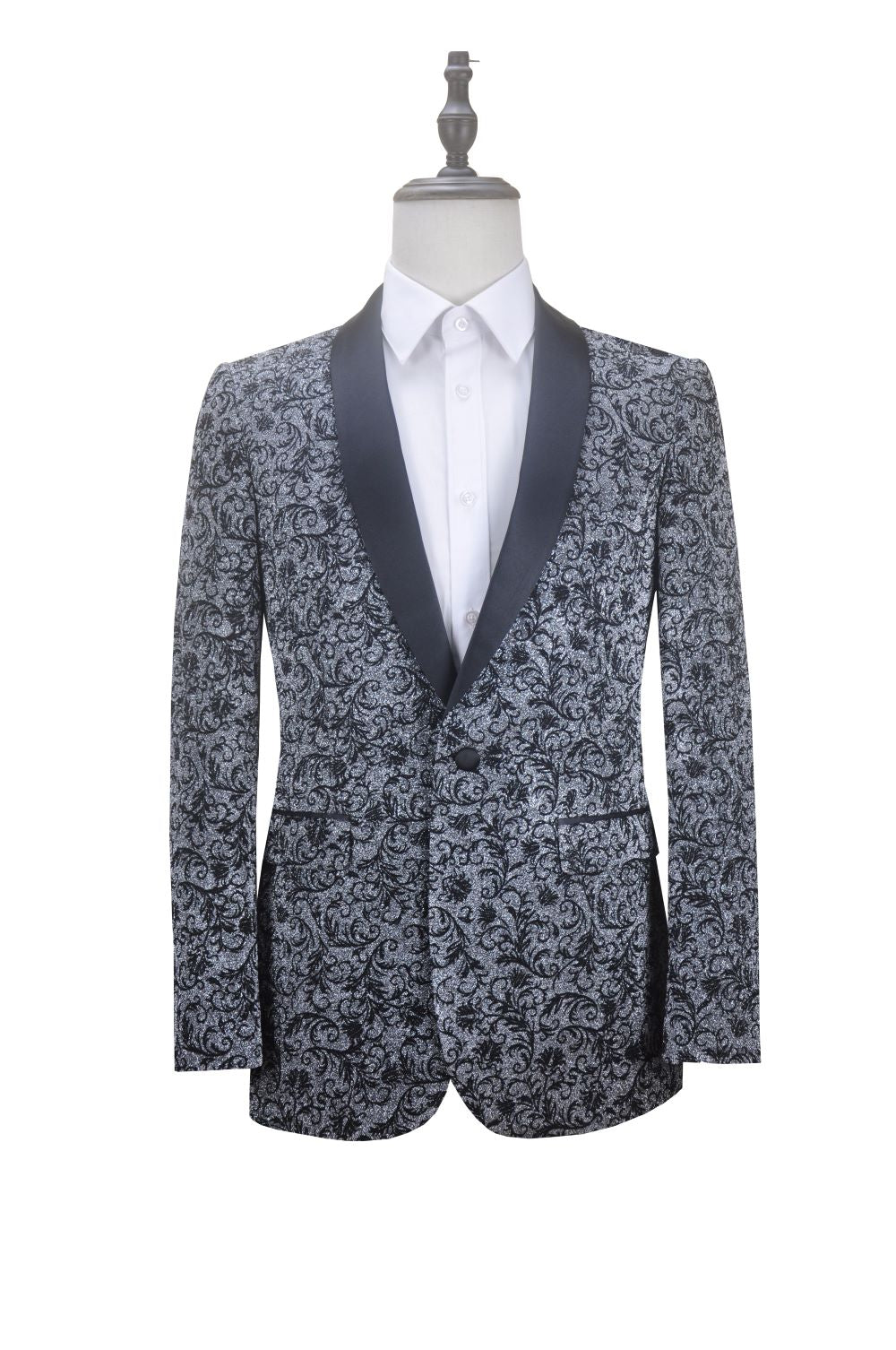 Silver Slim Fit Floral Pattern Jacket Shawl Lapel