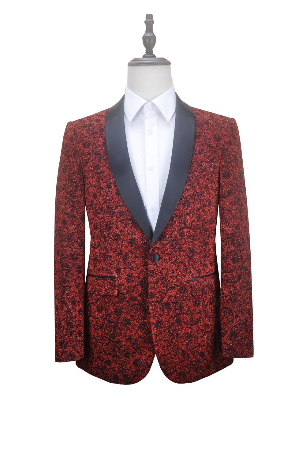 Red Slim Fit Floral Pattern Jacket Shawl Lapel