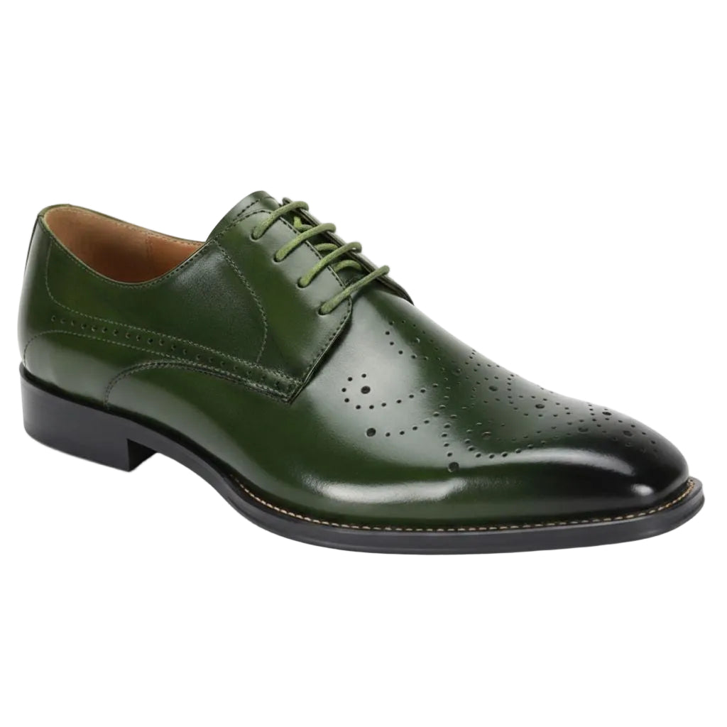 Joel Collection - Green Leather Medallion Toe Lace-Up Dress Shoes