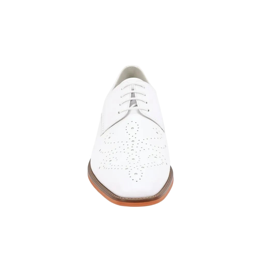 White leather shoe with brown sole on a white background