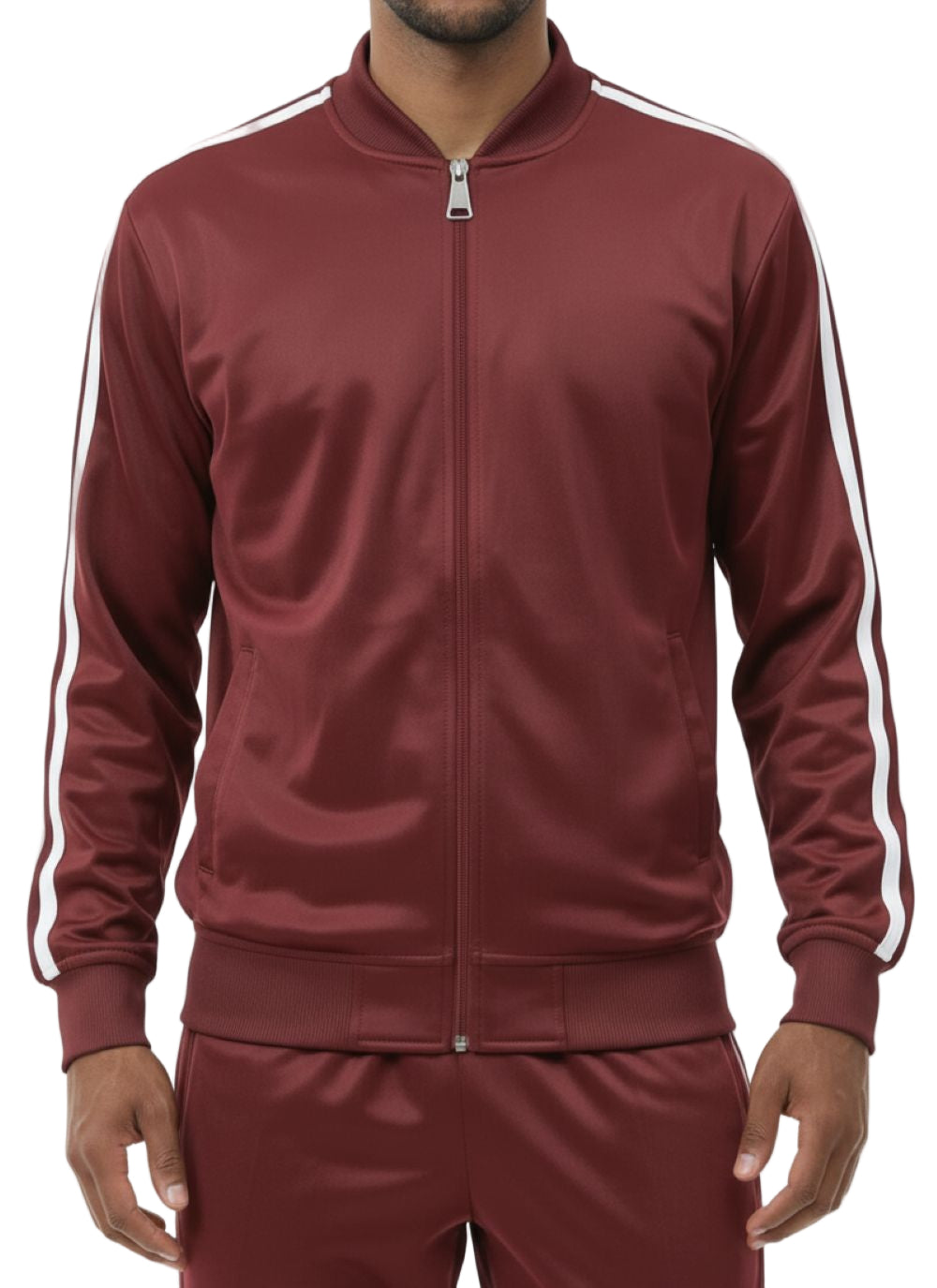 Burgundy tracksuit with white stripes on a white background