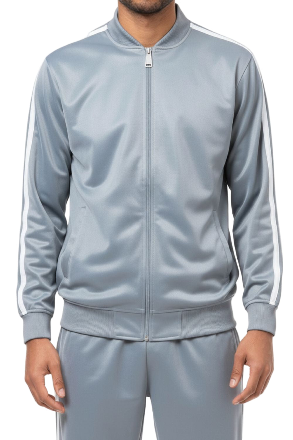 Gray tracksuit with white stripes on a white background