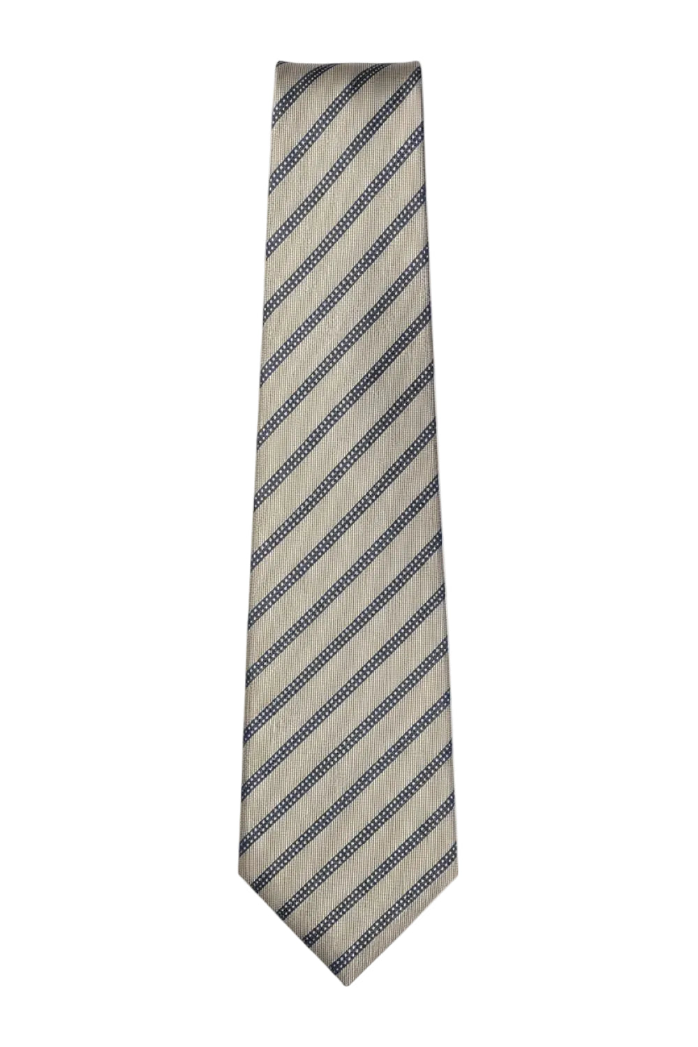 Beige and tan striped tie laid completely flat.