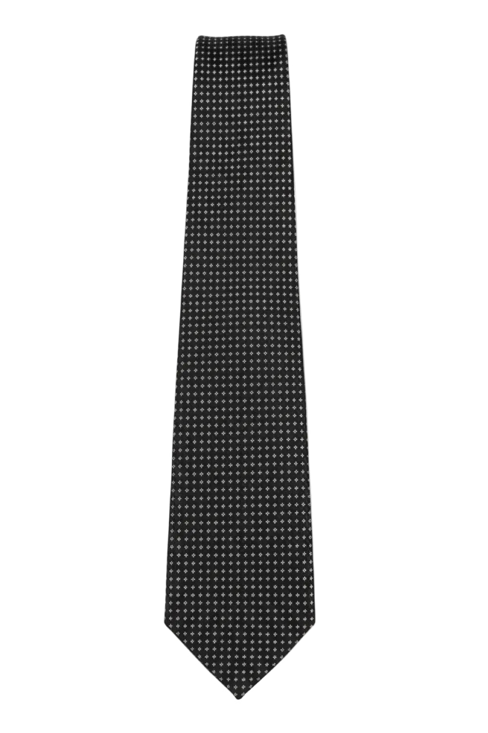 Black tie with white cross pattern laid flat and straight against a clean white background