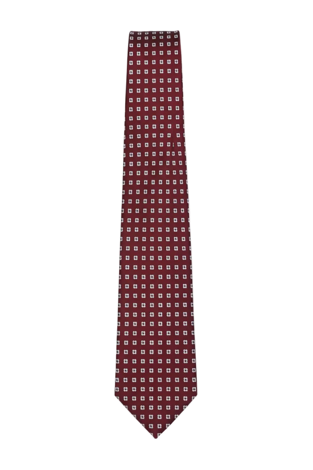 Burgundy tie with white geometric pattern flat against a clean white background