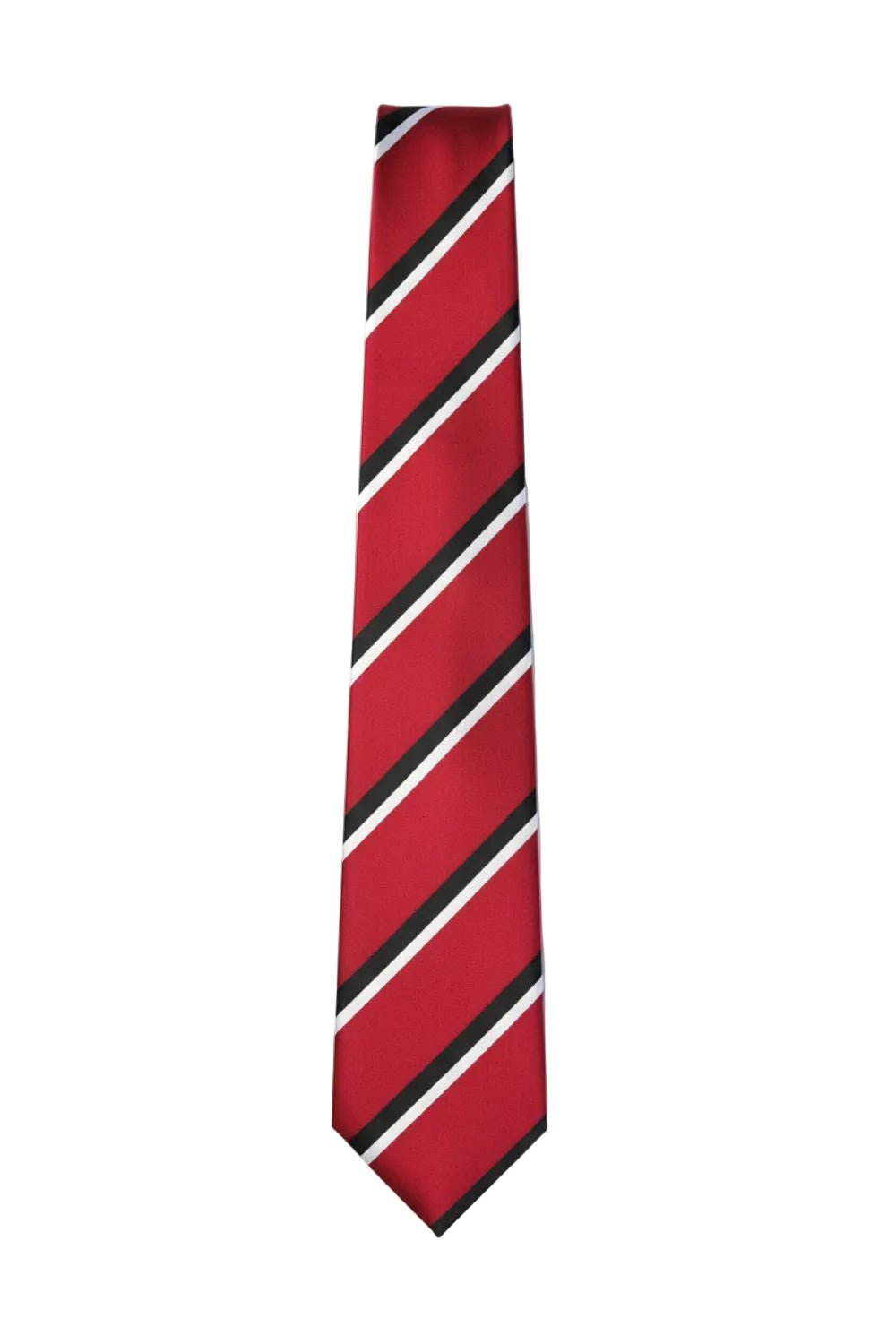 Red tie with black and white diagonal stripes laid flat