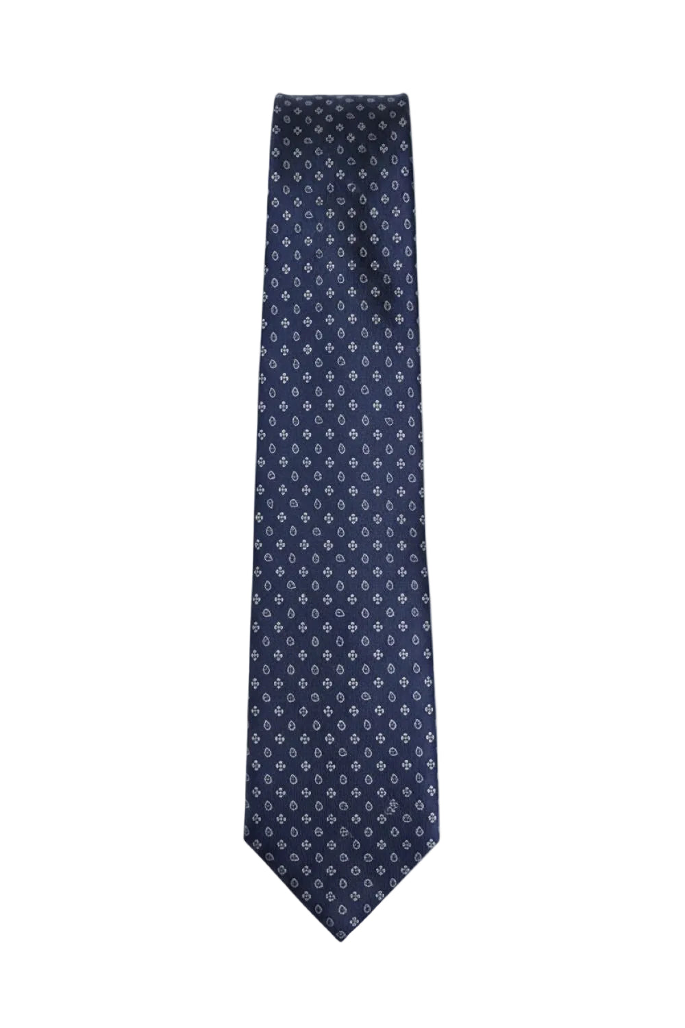 Navy tie with white floral and paisley pattern laid flat and straight against a clean white background