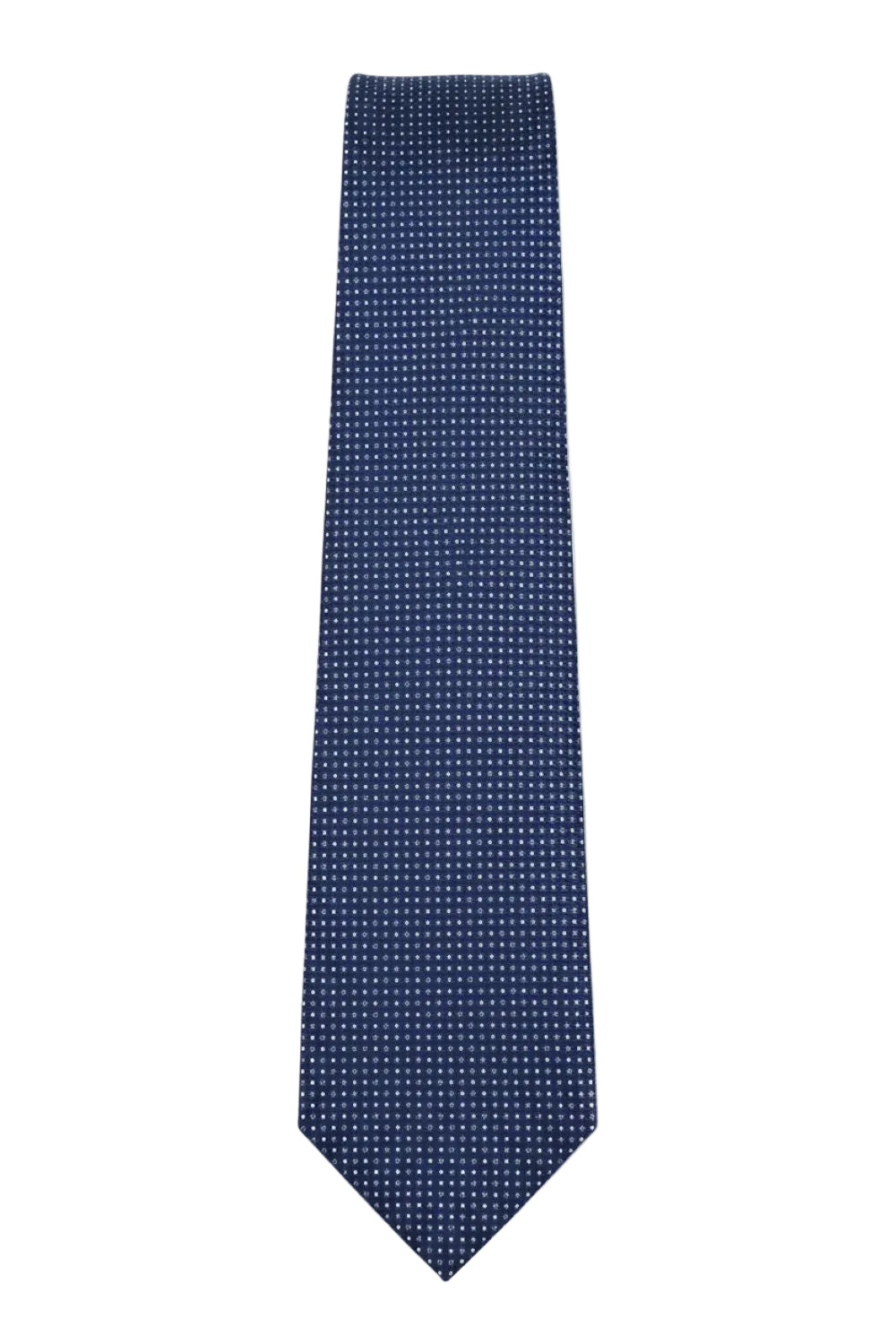 navy tie with white micro dot pattern laid flat