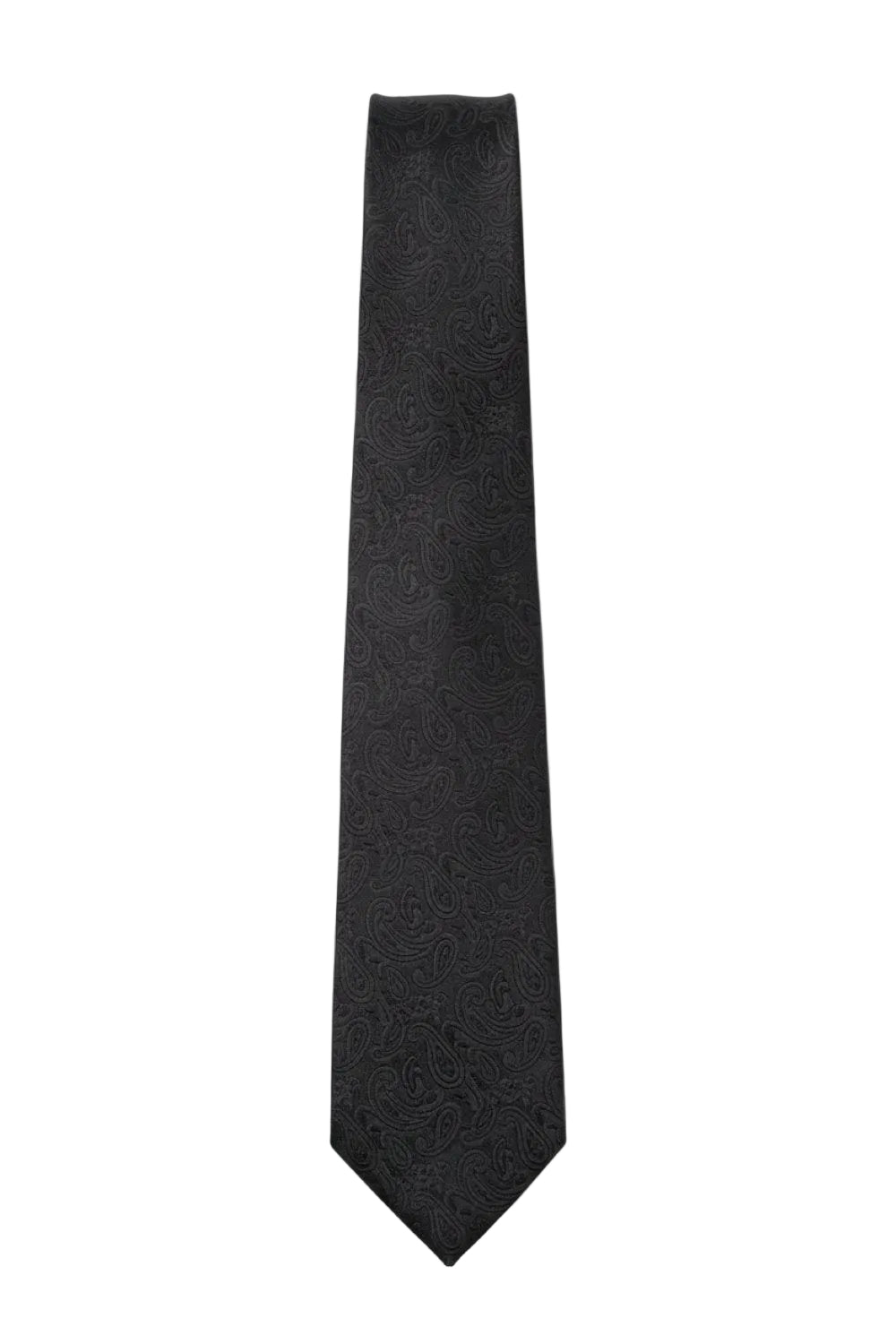 Black paisley tie laid straight and flat against a clean white background