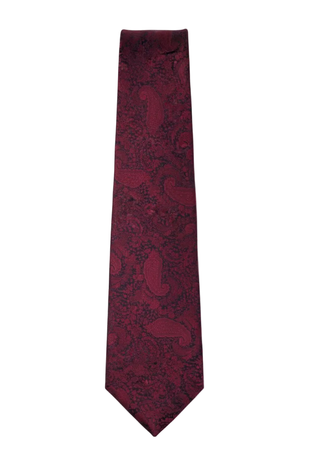 Maroon paisley tie laid flat against a clean white background