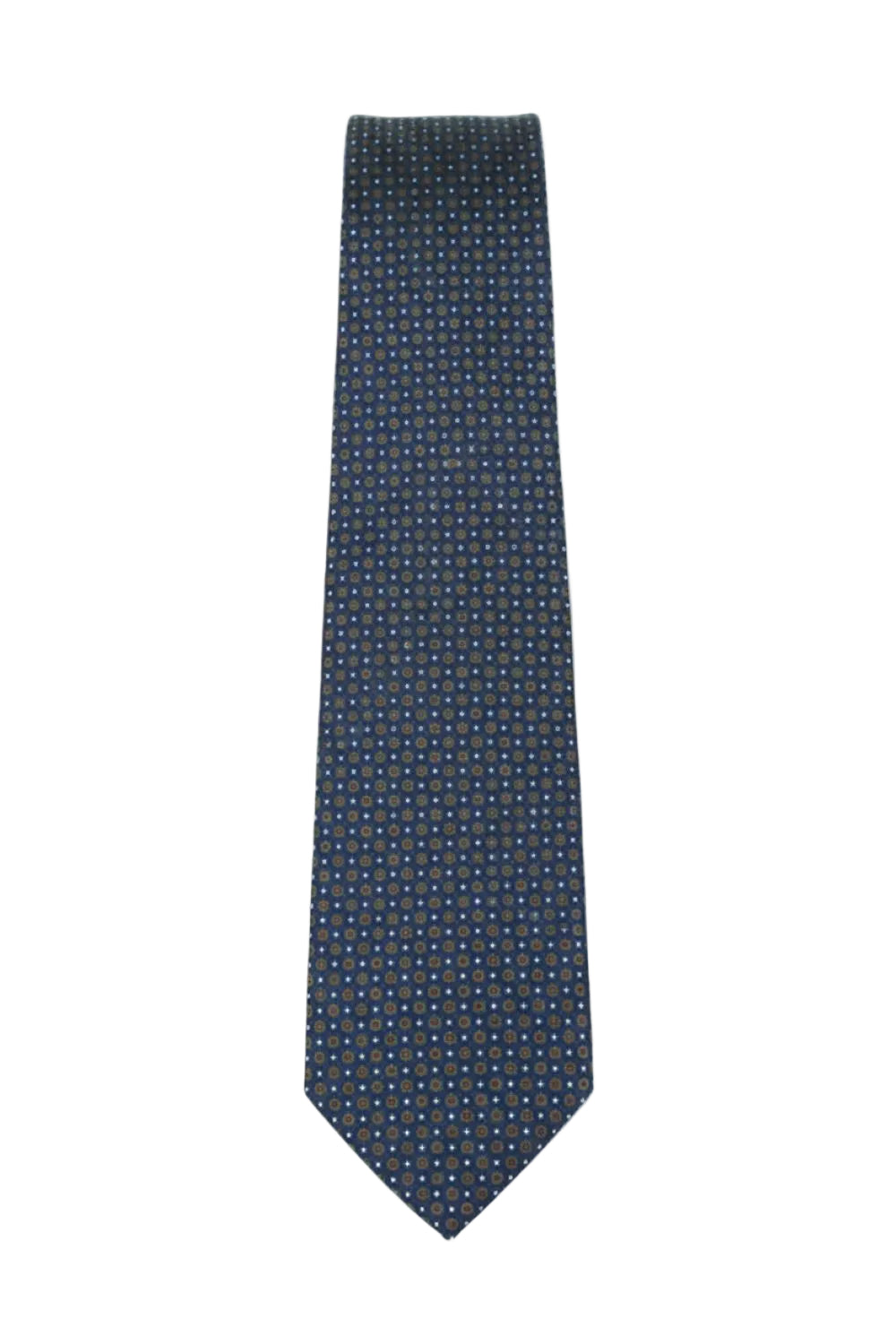 Navy blue tie with multicolor dot pattern laid completely flat