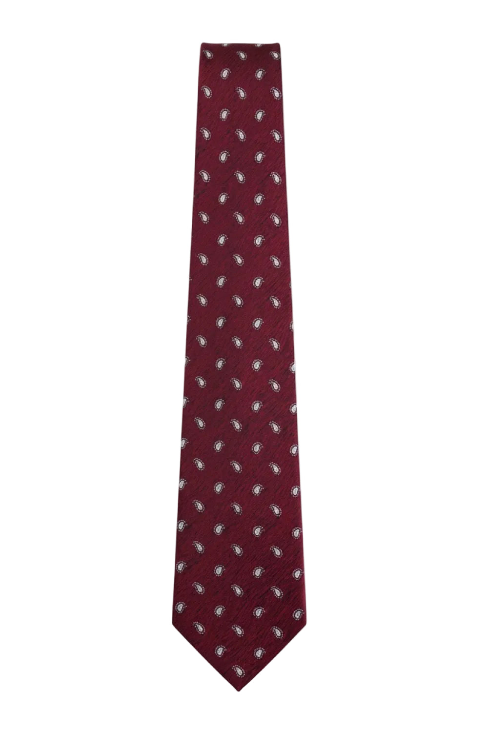 Burgundy paisley textured design tie on a white background.