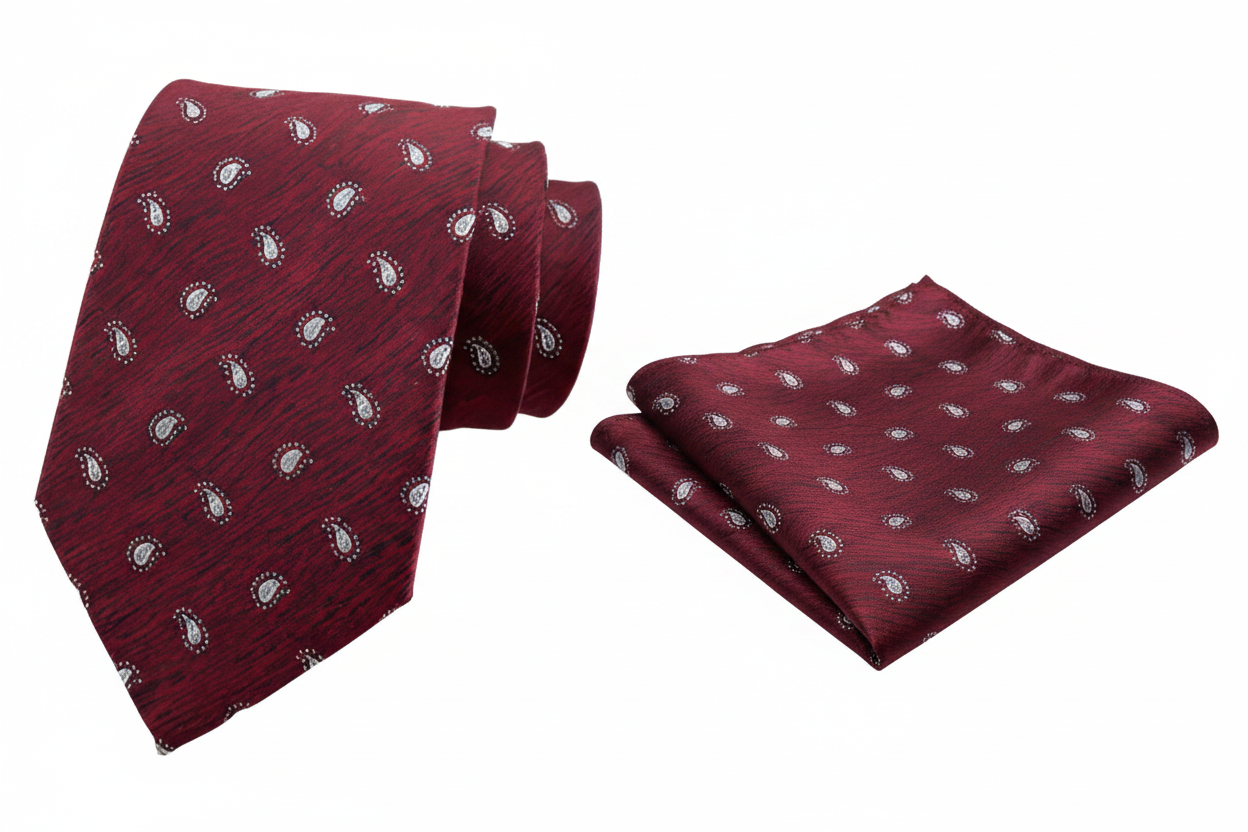 Burgundy Paisley Textured Design Tie and Pocket Square Set