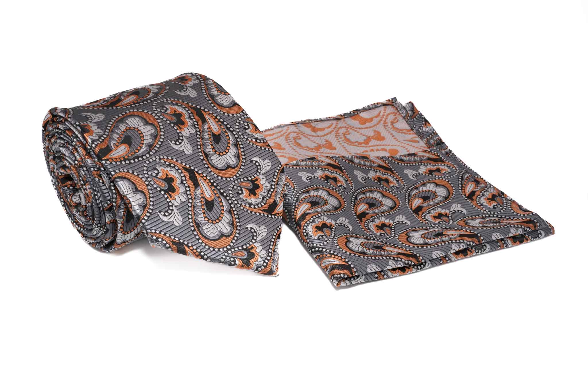 Gray Orange Paisley Pattern Tie and Pocket Square Set