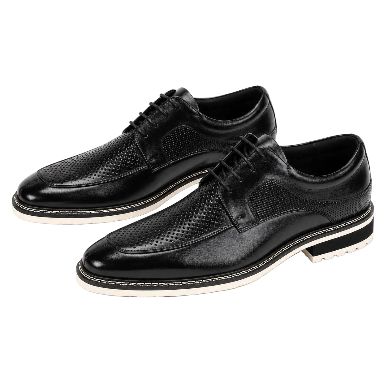 A pair of men's black leather oxford shoes with a mix of smooth and perforated textures, featuring white contrast stitching and white lugs, set against a plain white background.