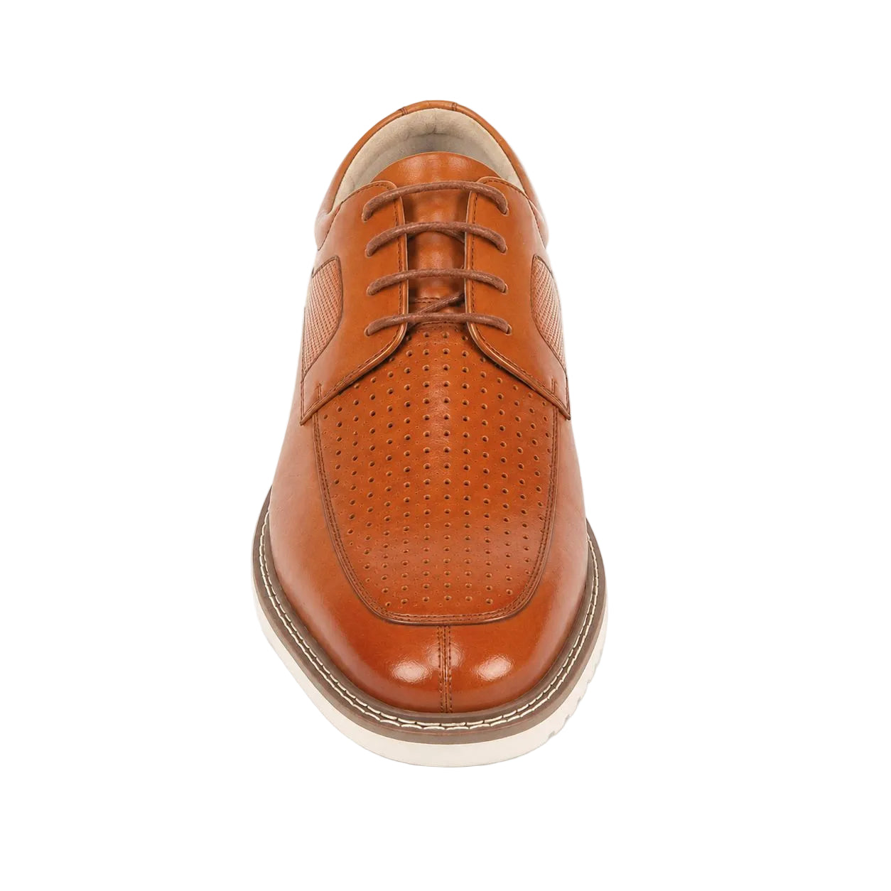 A single men's tan leather oxford shoe with perforated detailing on the toe and side panels, shown from a top-down view against a plain white background.
