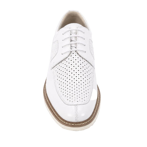 A white leather lace-up dress shoe with perforated detailing on the toe box, shown from a top-down view on a white background.