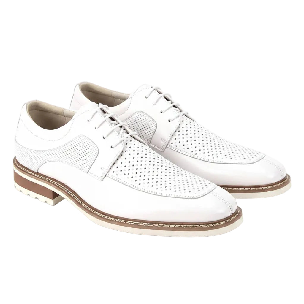 White leather shoes with brown soles on a white background