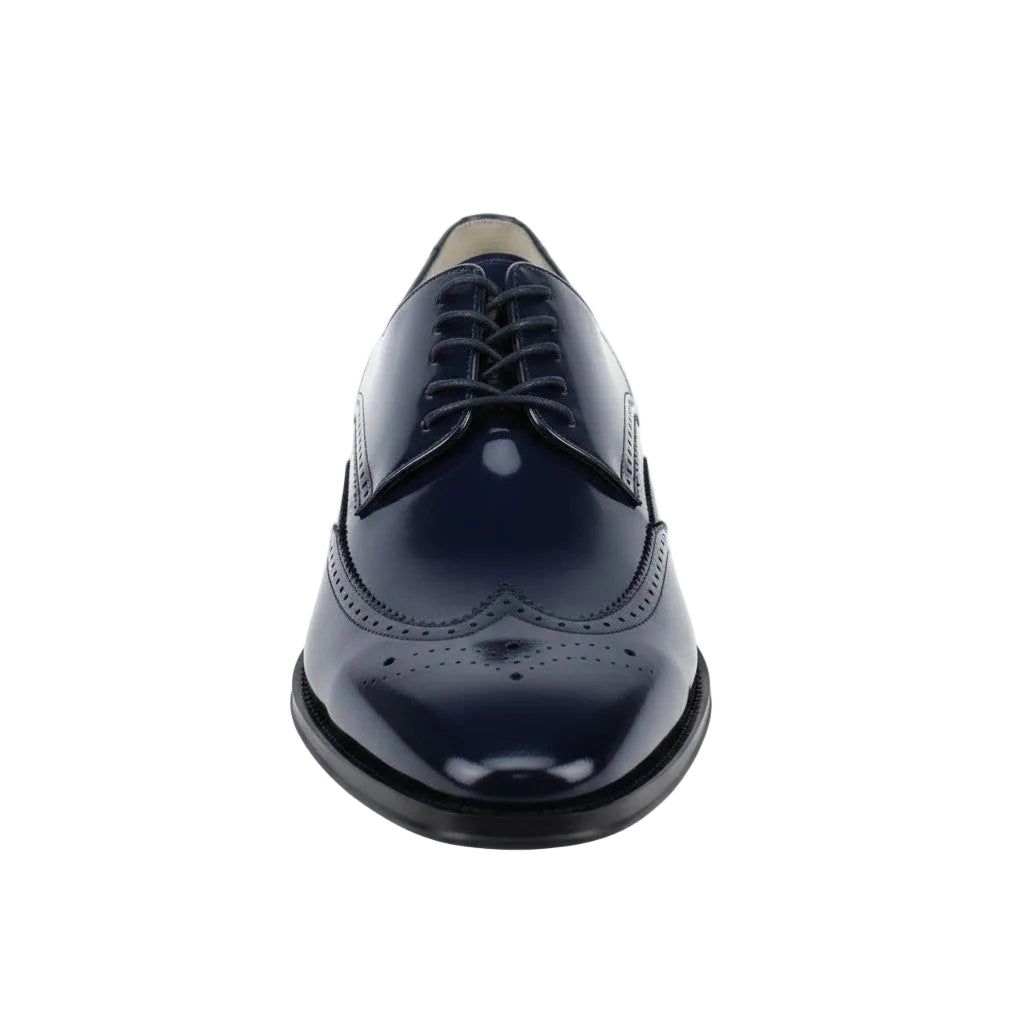 Navy blue leather dress shoe on a white background