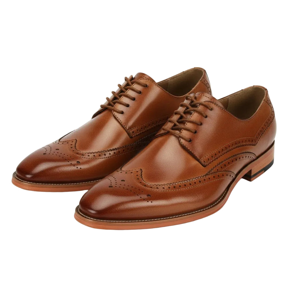 Pair of tan leather dress shoes on a white background