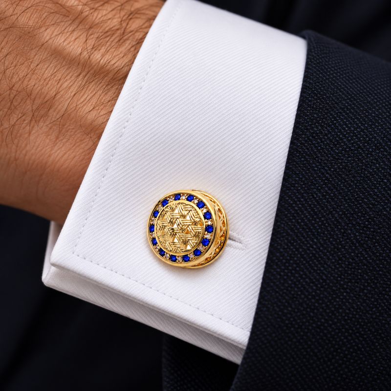 Gold Geometric Cufflinks with Blue Rhinestone Border