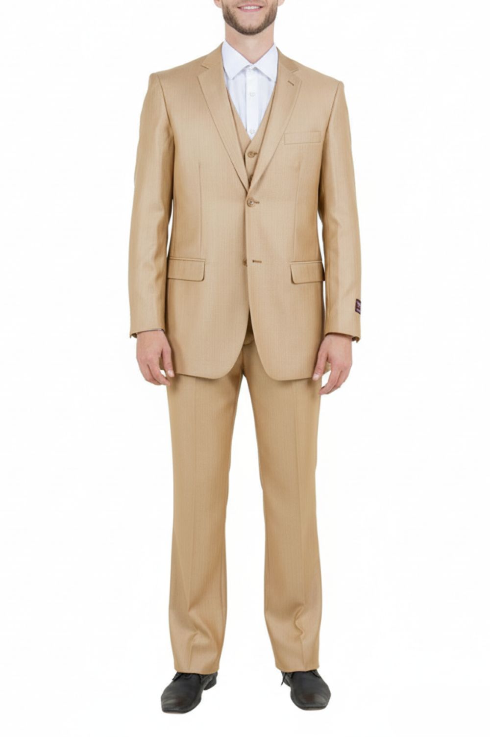 Wheat 3 Piece Modern Fit Suit 2 Button V-Neck Vest