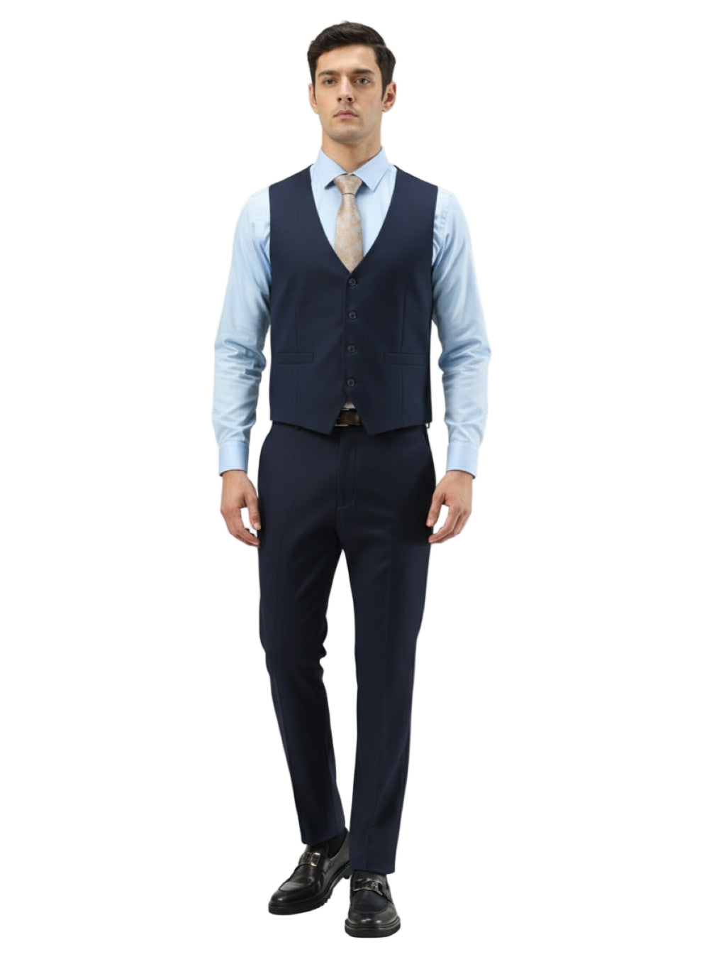 A solid navy Men's Slim Fit 3 Piece Suit displayed, highlighting the dress shirt with tie, collar, button, and pocket.