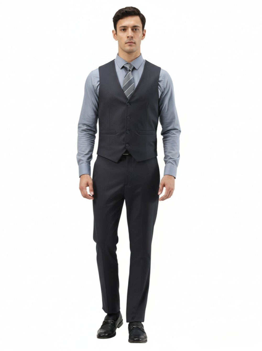 Men's Slim Fit Solid Charcoal 3 Piece Suit vest, showing collar, buttons, pocket, & tie on white.