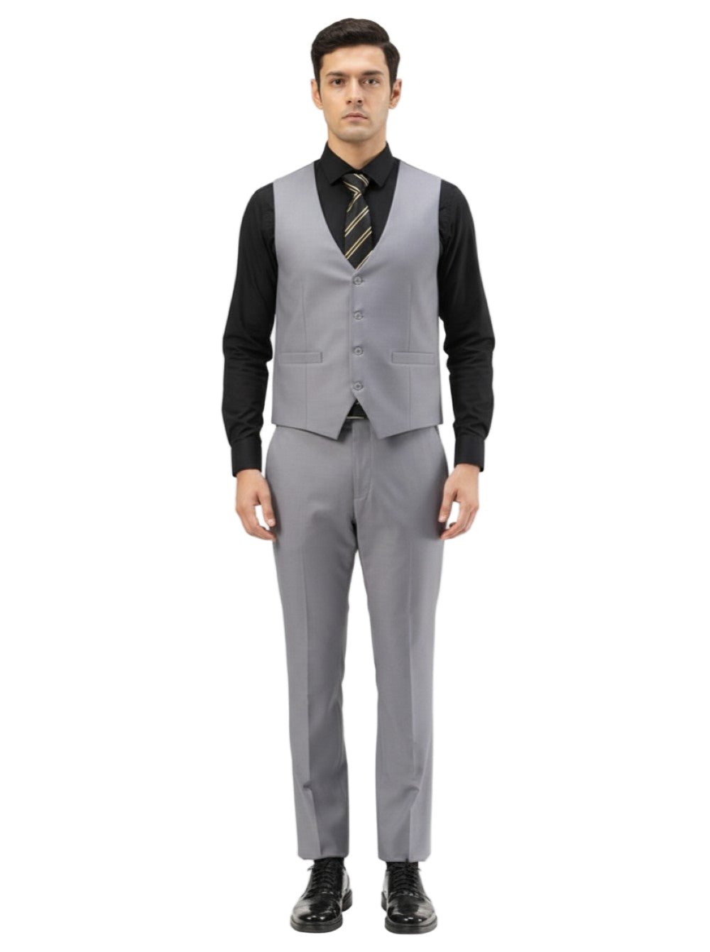 Tazio Men's Slim Fit Solid Gray 3 Piece Suit trousers showing button and pocket details on a white background.