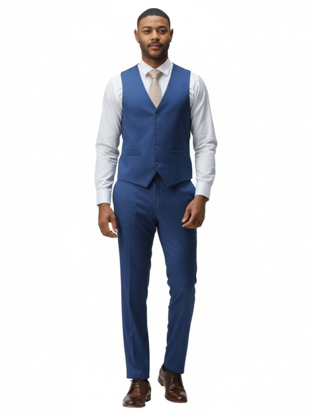 Tazio Men's Slim Fit Solid Indigo 3 Piece Suit jacket, showing collar, front buttons, and pockets.
