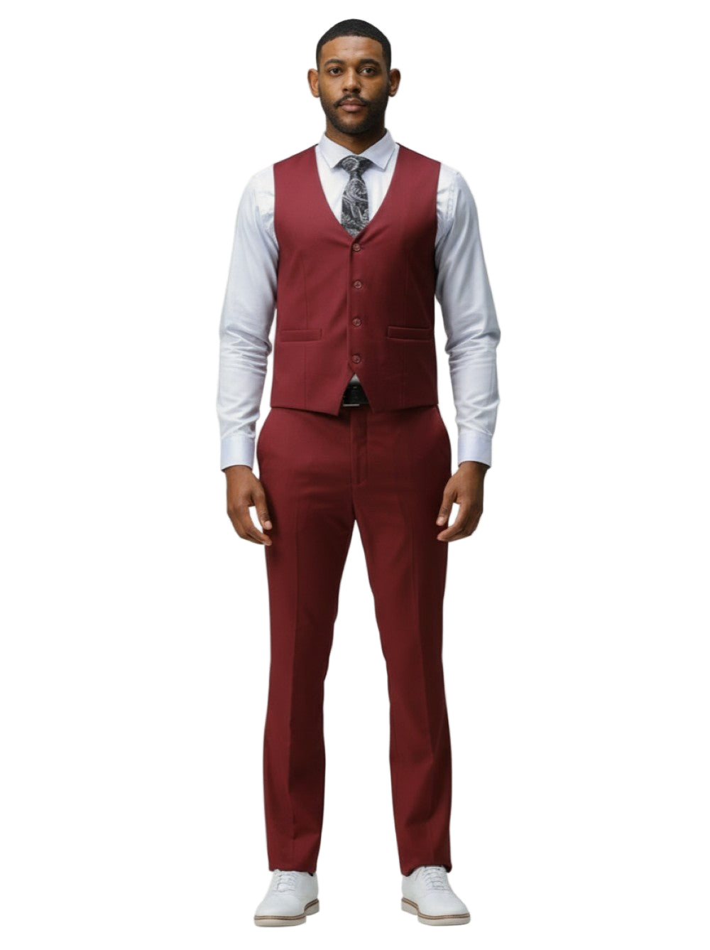 Solid dress shirt worn with Tazio Men's Slim Fit Solid Burgundy 3 Piece Suit, showing collar, buttons, pocket.