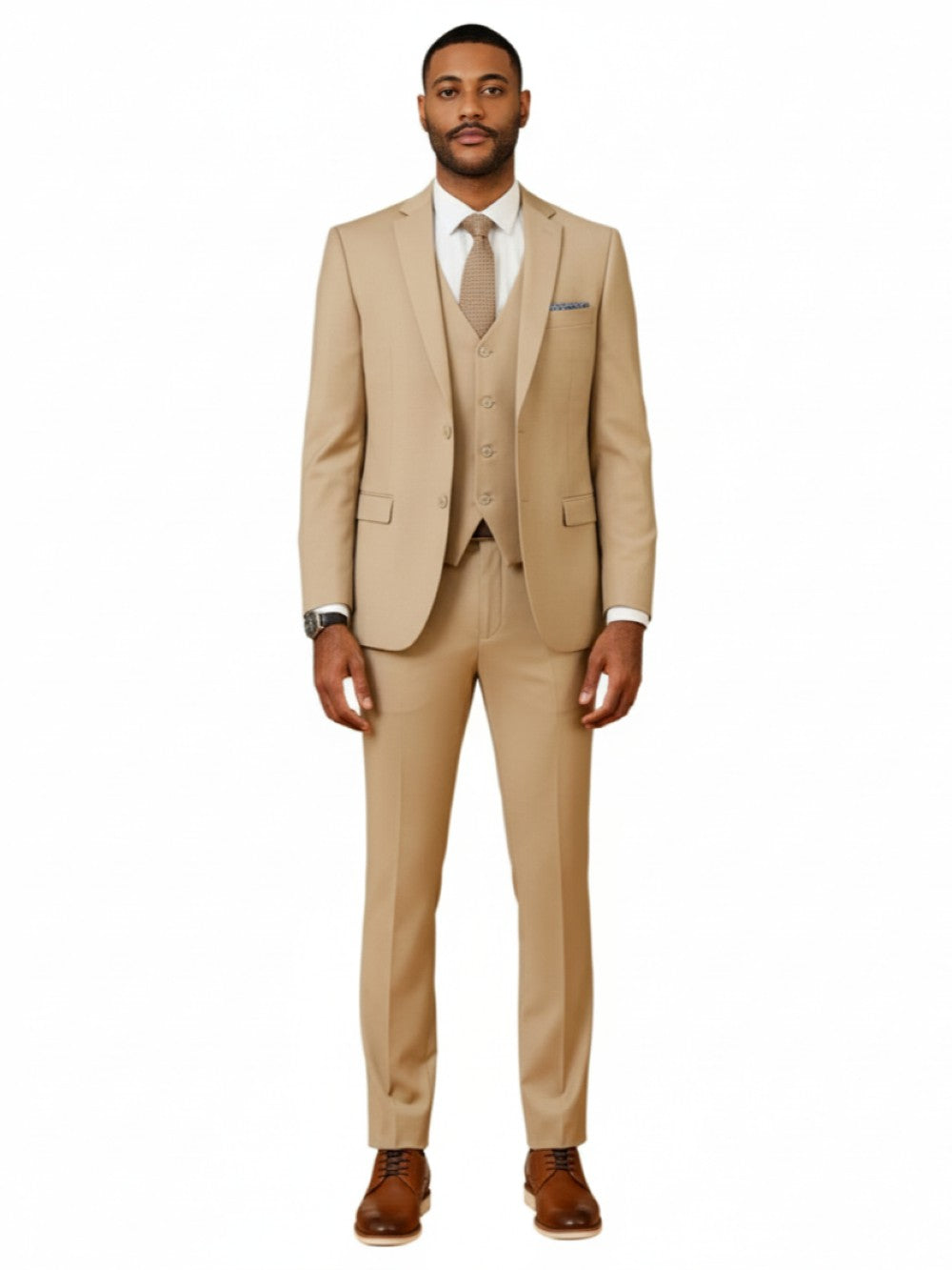 Men's Slim Fit Solid Tan 3 Piece Suit