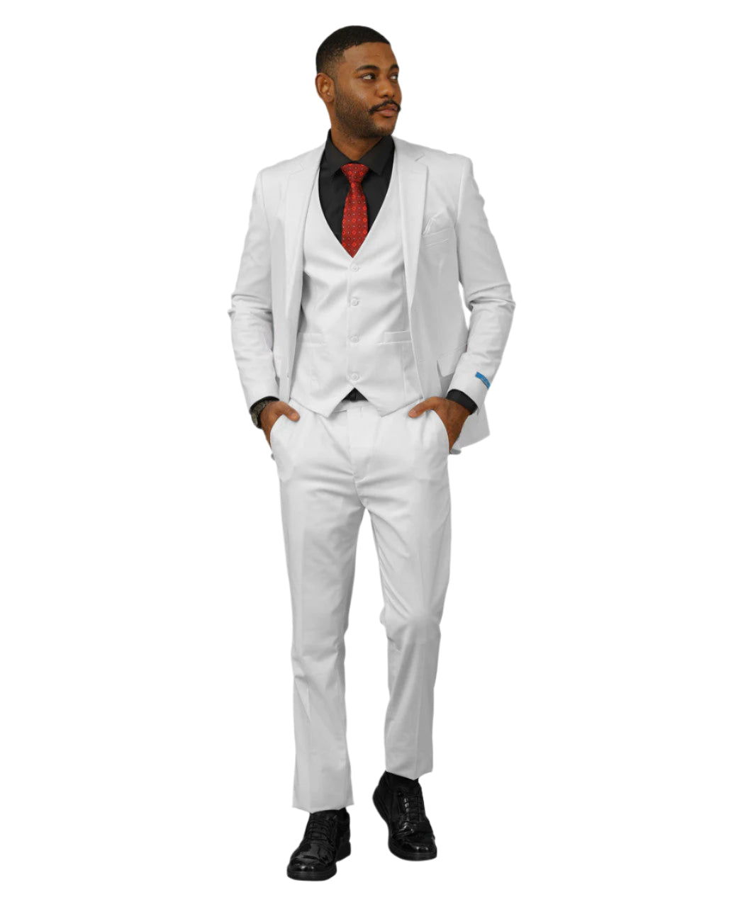 Tazio Men's Slim Fit Solid White 3 Piece Suit blazer featuring collar, buttons, sleeves, and pockets, with a tie and bow tie.