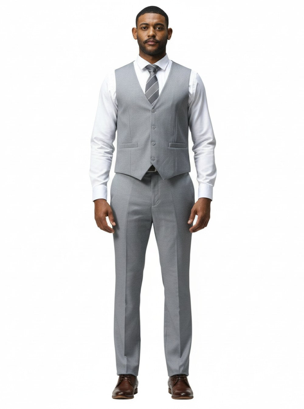 Tazio Solid Medium Gray dress shirt for the Men's Slim Fit 3 Piece Suit, showing collar, button, chest pocket.
