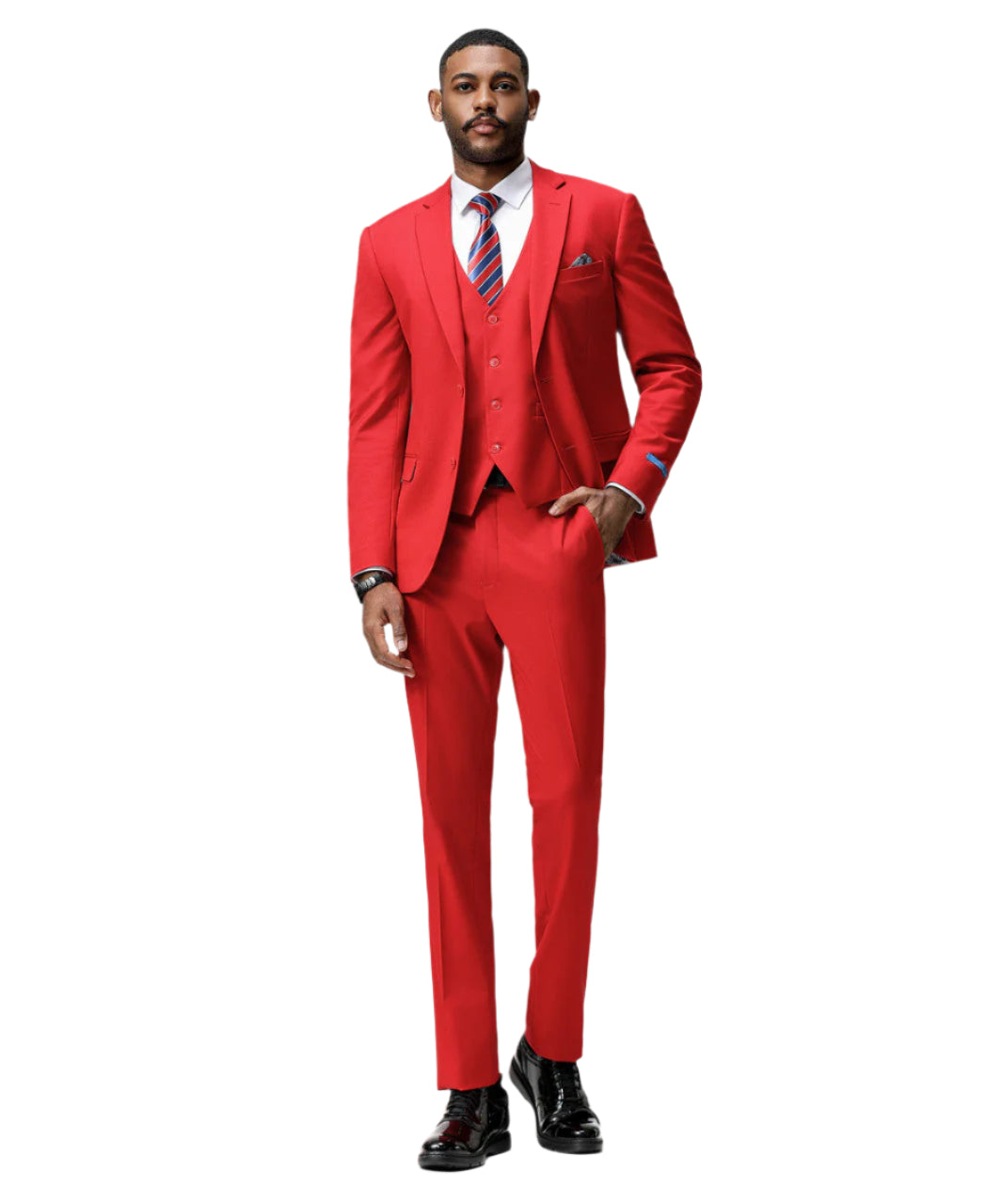 Man wearing a red suit with a white shirt and black shoes on a white background
