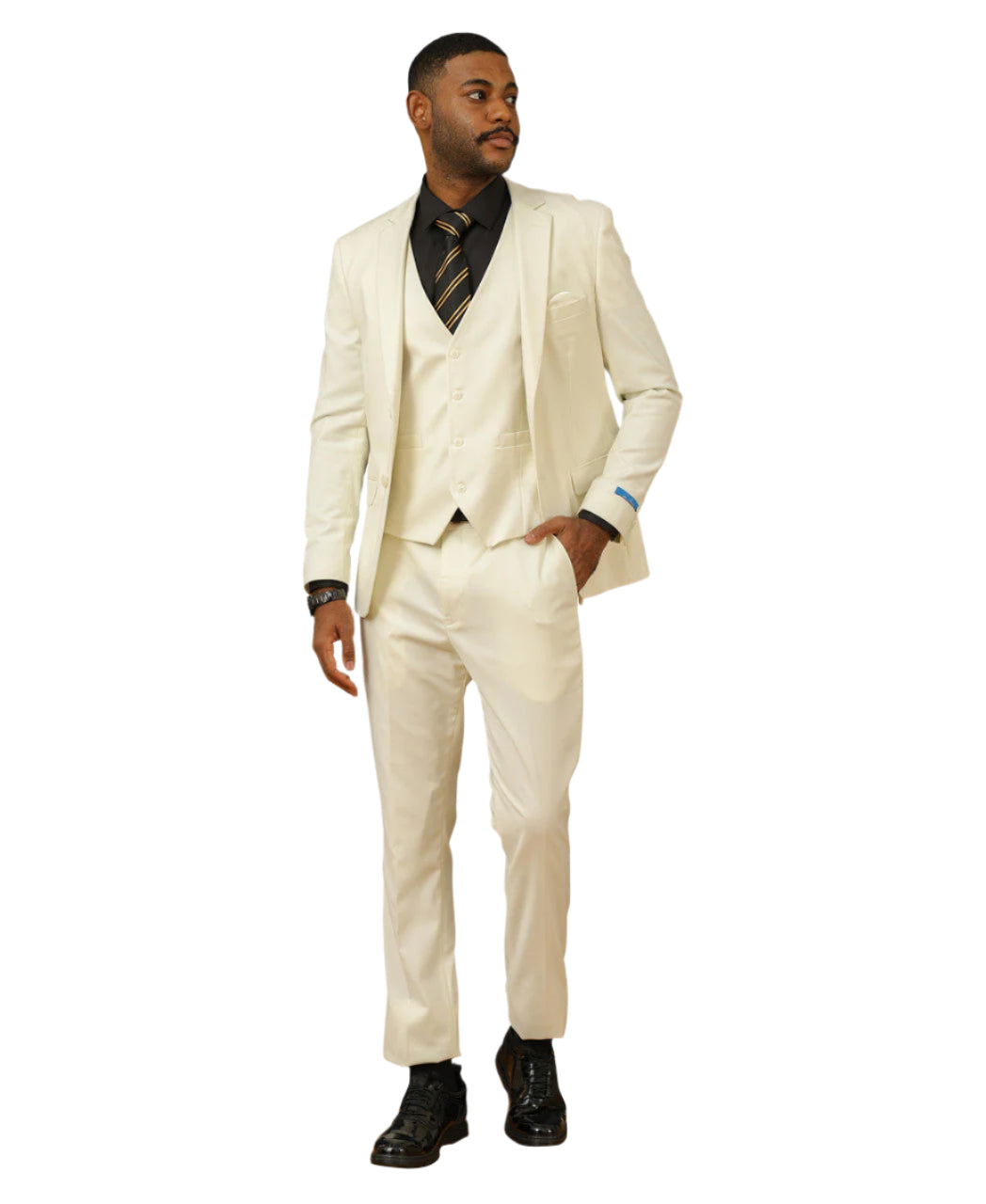 Tazio Men's Slim Fit Solid Ivory 3 Piece Suit jacket, solid ivory, showing collar, buttons, sleeve, pocket, and shoes.