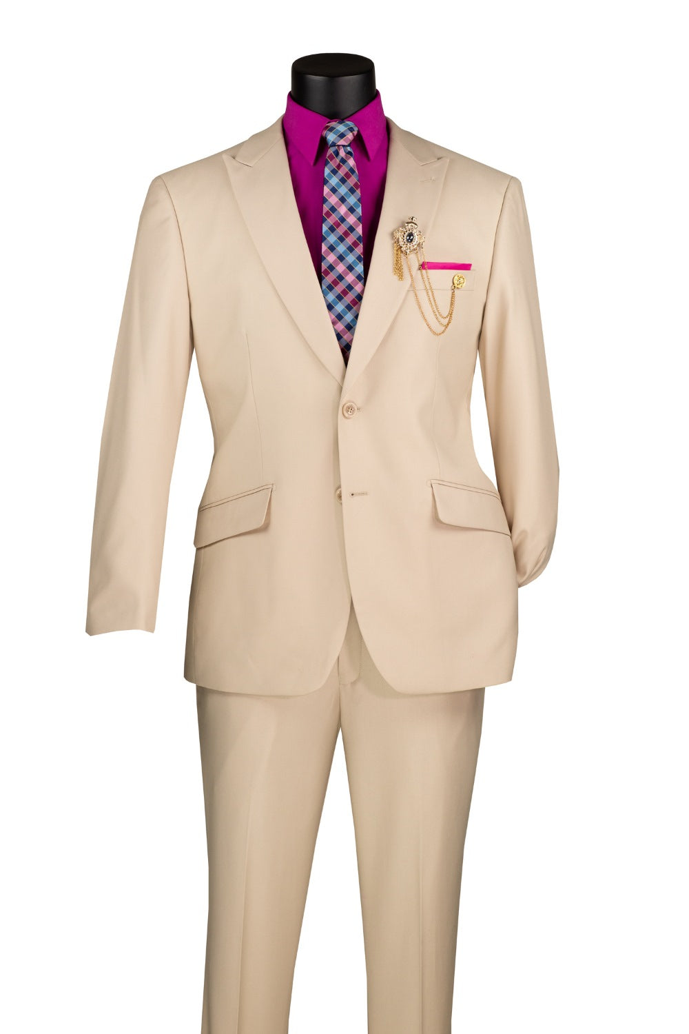 Close-up of Vinci sand modern fit suit's textured fabric, elegant peak lapel, and coordinating tie.