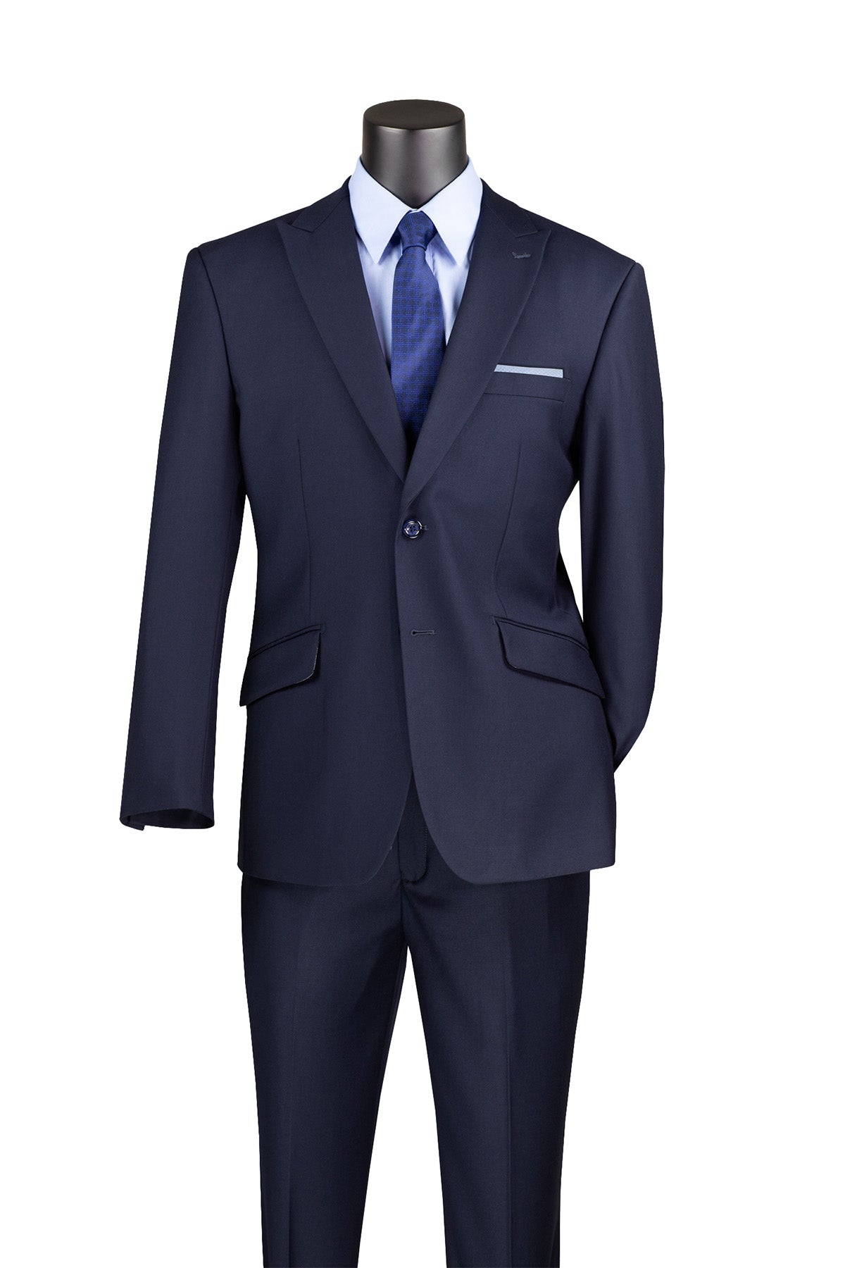 Detail of a premium Vinci navy modern fit suit with textured fabric, peak lapel, tie, jacket, and pants.