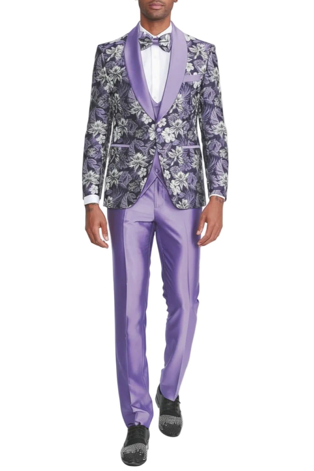 Purple Slim Fit 3 Piece Floral Jacquard Tuxedo