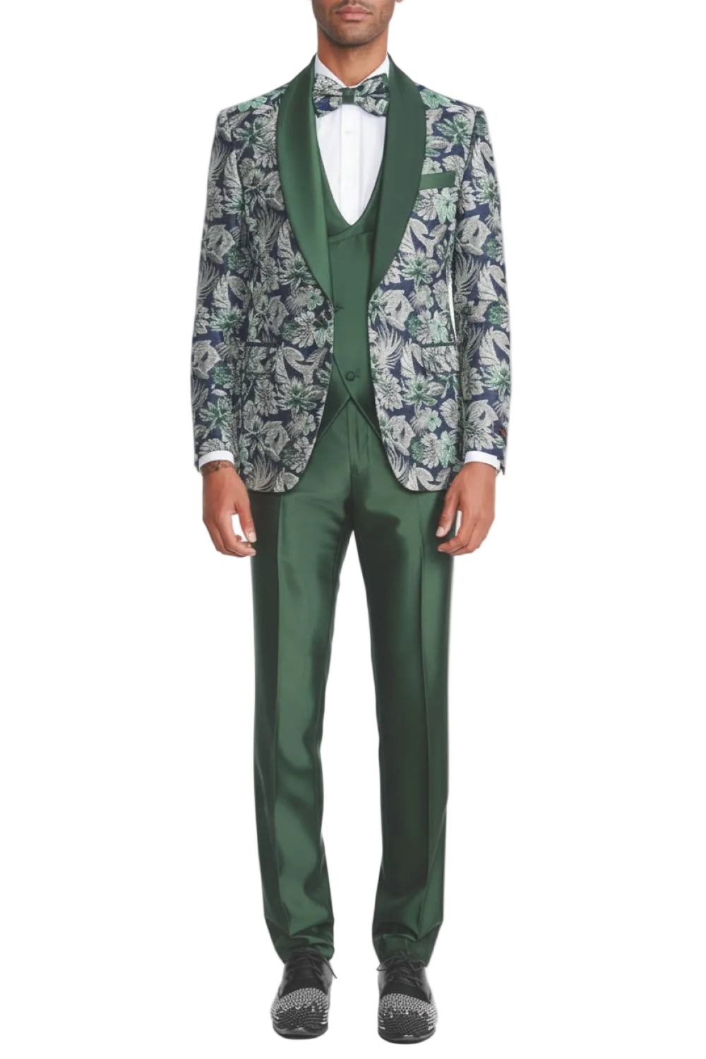Green Slim Fit 3 Piece Floral Jacquard Tuxedo