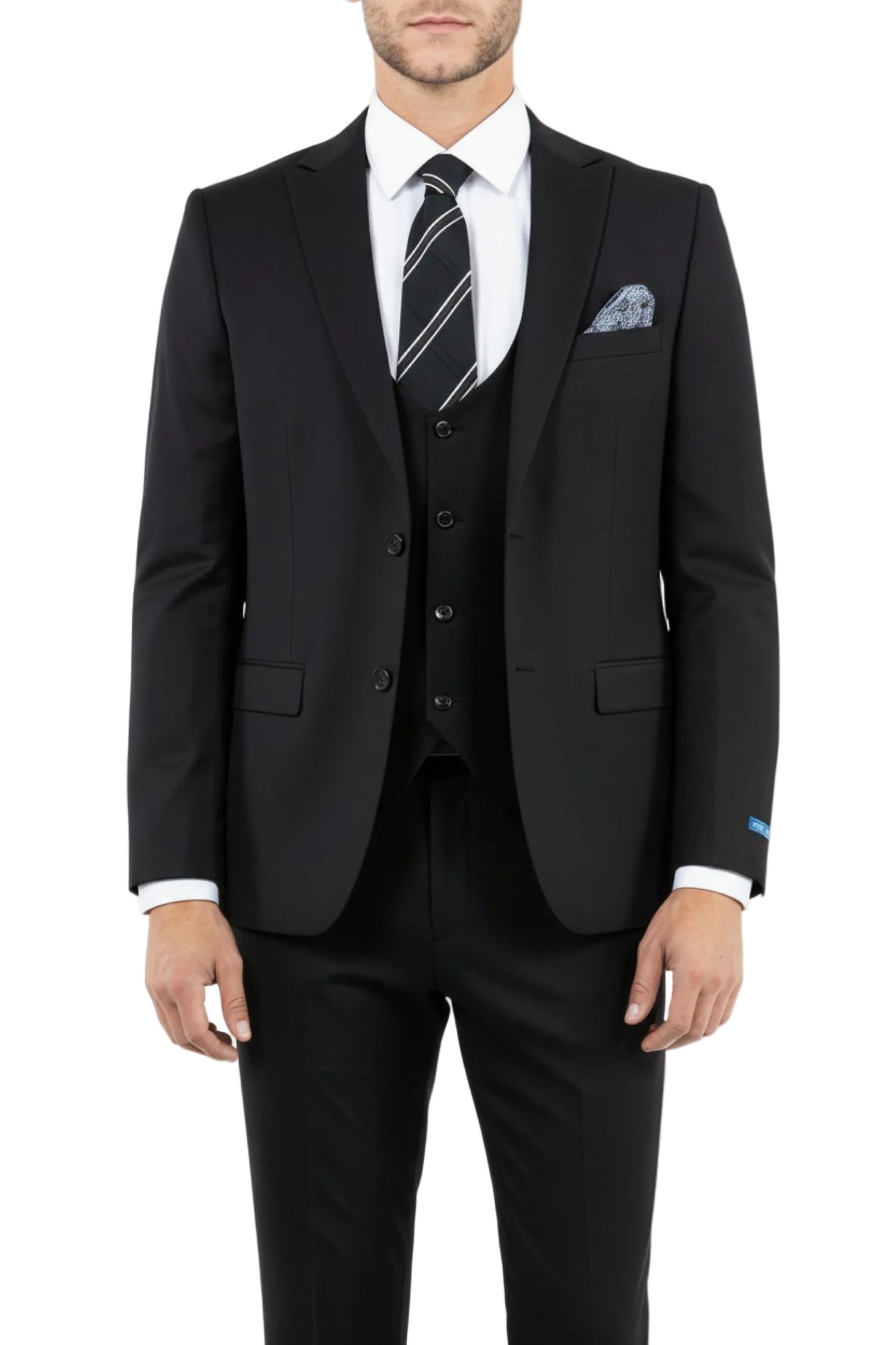 Man wearing a black suit with a striped tie and pocket square on a white background