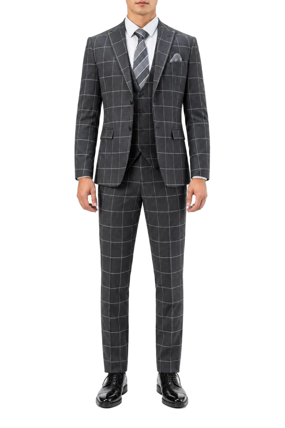 Men’s Hybrid Fit Windowpane Plaid 3-Piece Suit - Gray