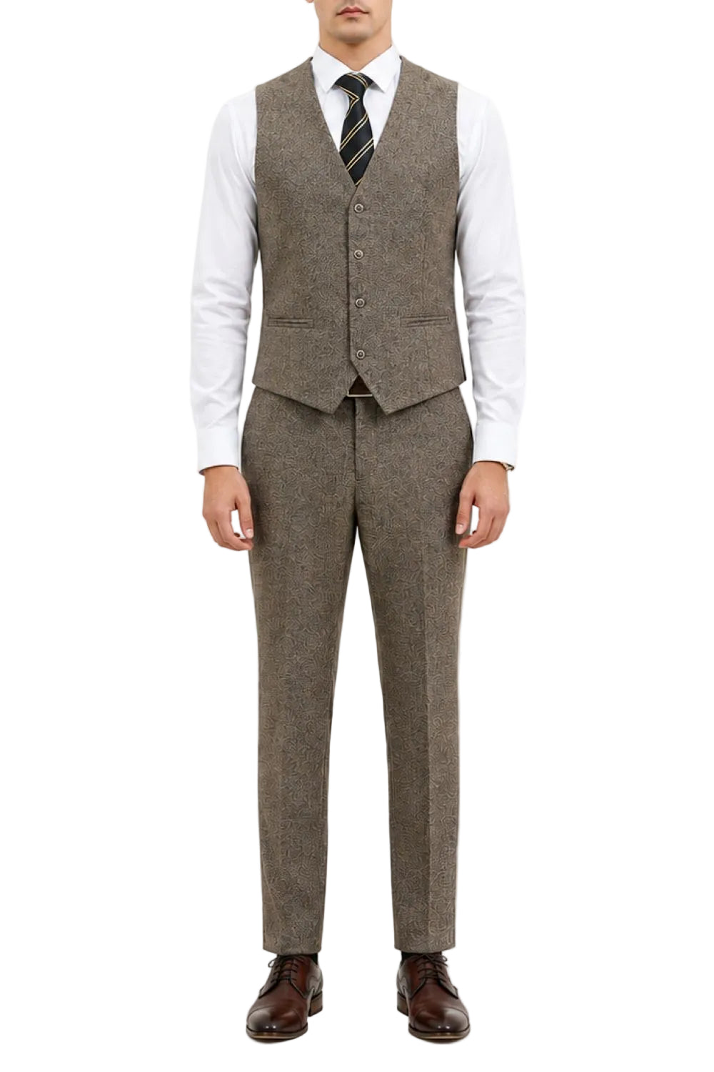 Man wearing a brown tweed suit with a white shirt and tie on a white background