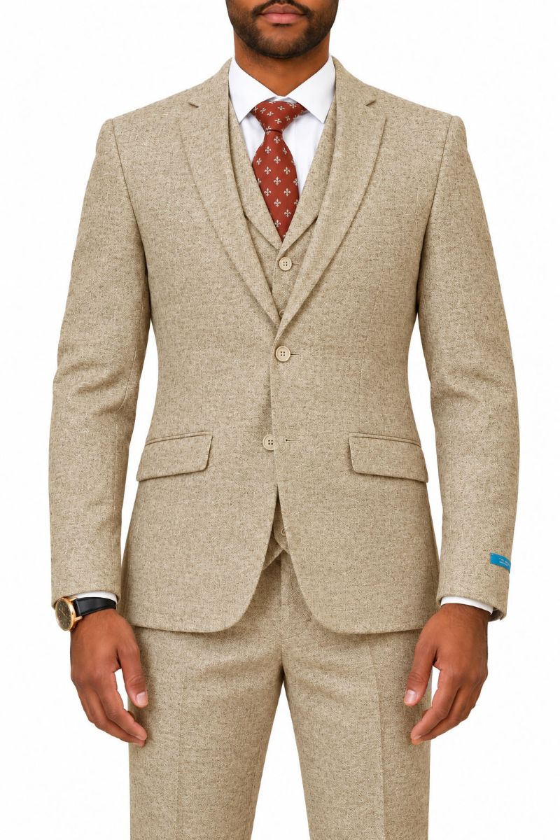 Beige Tweed Single Breasted Hybrid Fit 3-Piece Suit