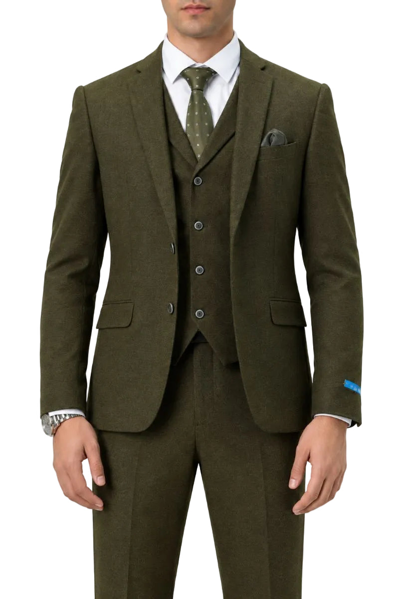 Olive Tweed Single Breasted Hybrid Fit 3-Piece Suit